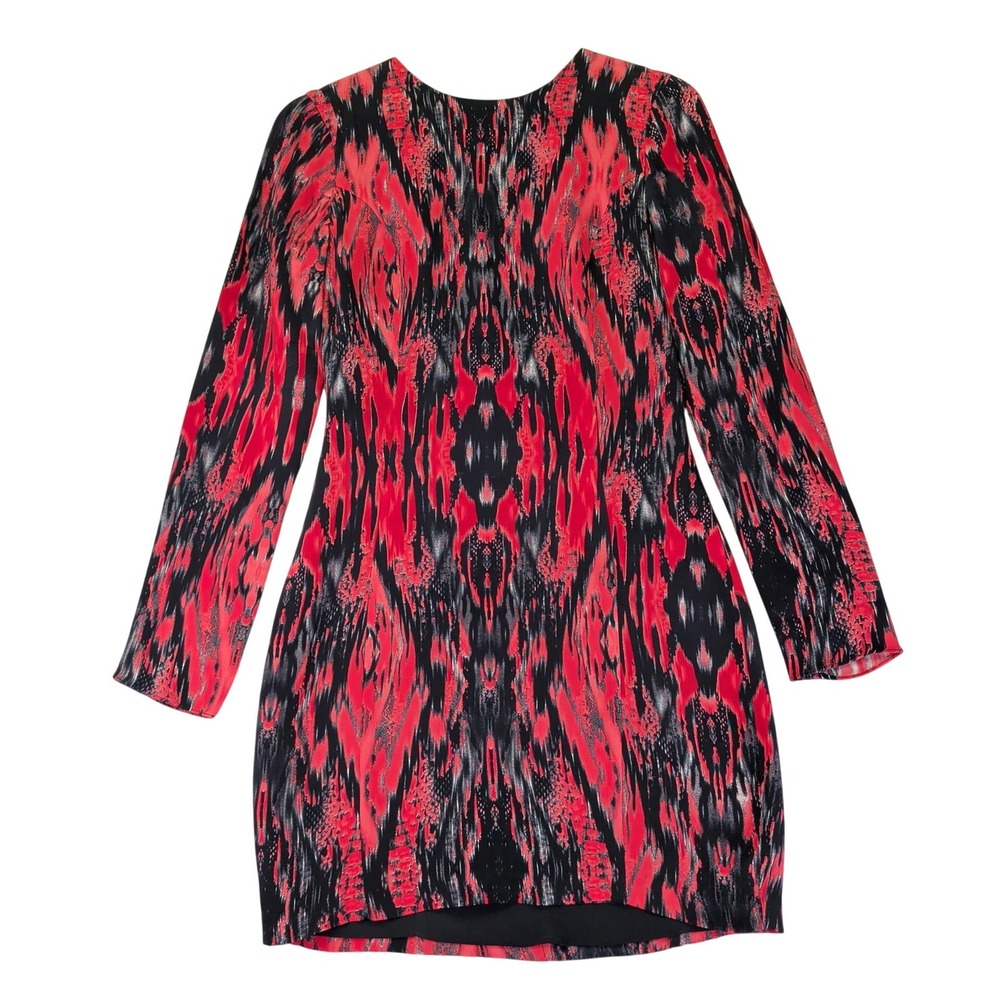 Parker Womens Small Red Black Abstract Print 100% Silk Long Sleeve Mini Dress
